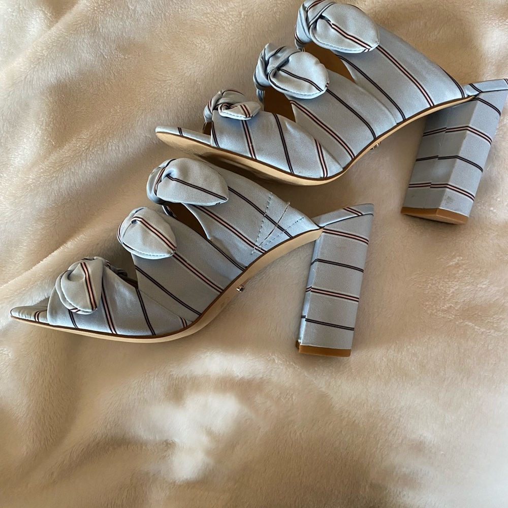 Gianni Bini Light Blue Striped Knot Block Heel Sandals - Picture 3 of 4